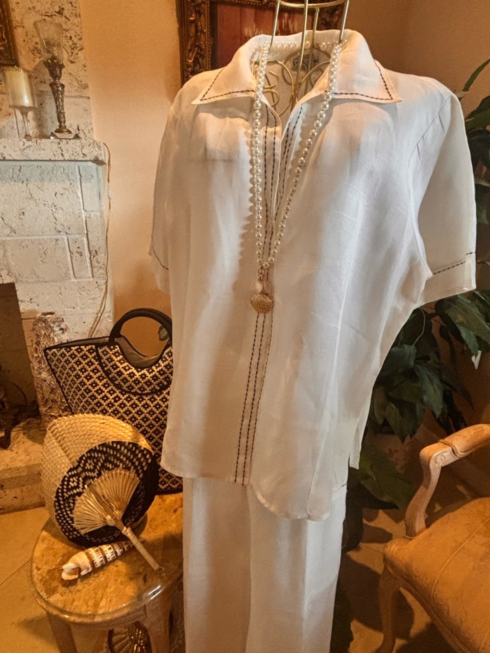 Giorgiana by Naji Linen Set XL White Resort Coastal Wide Leg Outfit - Picture 3 of 12